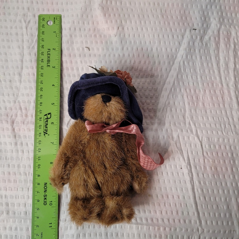 Boyds Collection Teddy Bear Plush Brown Mohair Style Blue Hat Pink Ribbon 8 inch